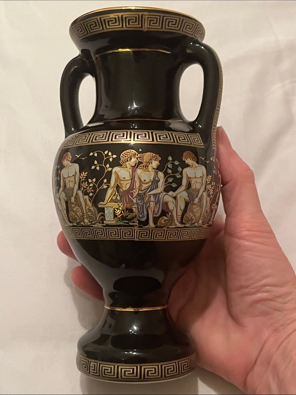 Greek-Style Black and Gold Ceramic Amphora Vase